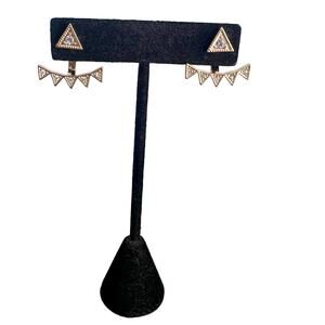 Gold tone triangle rhinestone studded jacket two-way stud earrings